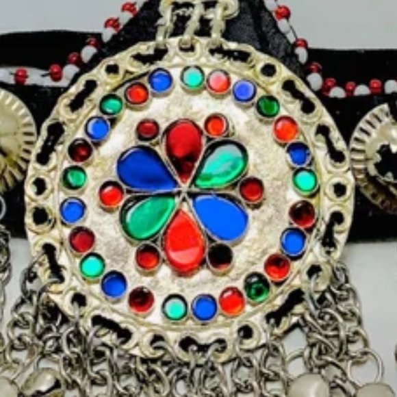 Silver Matha Patti, Traditional Matha Patti With Multicolor Glass Stone and Bell - Picture 6 of 14